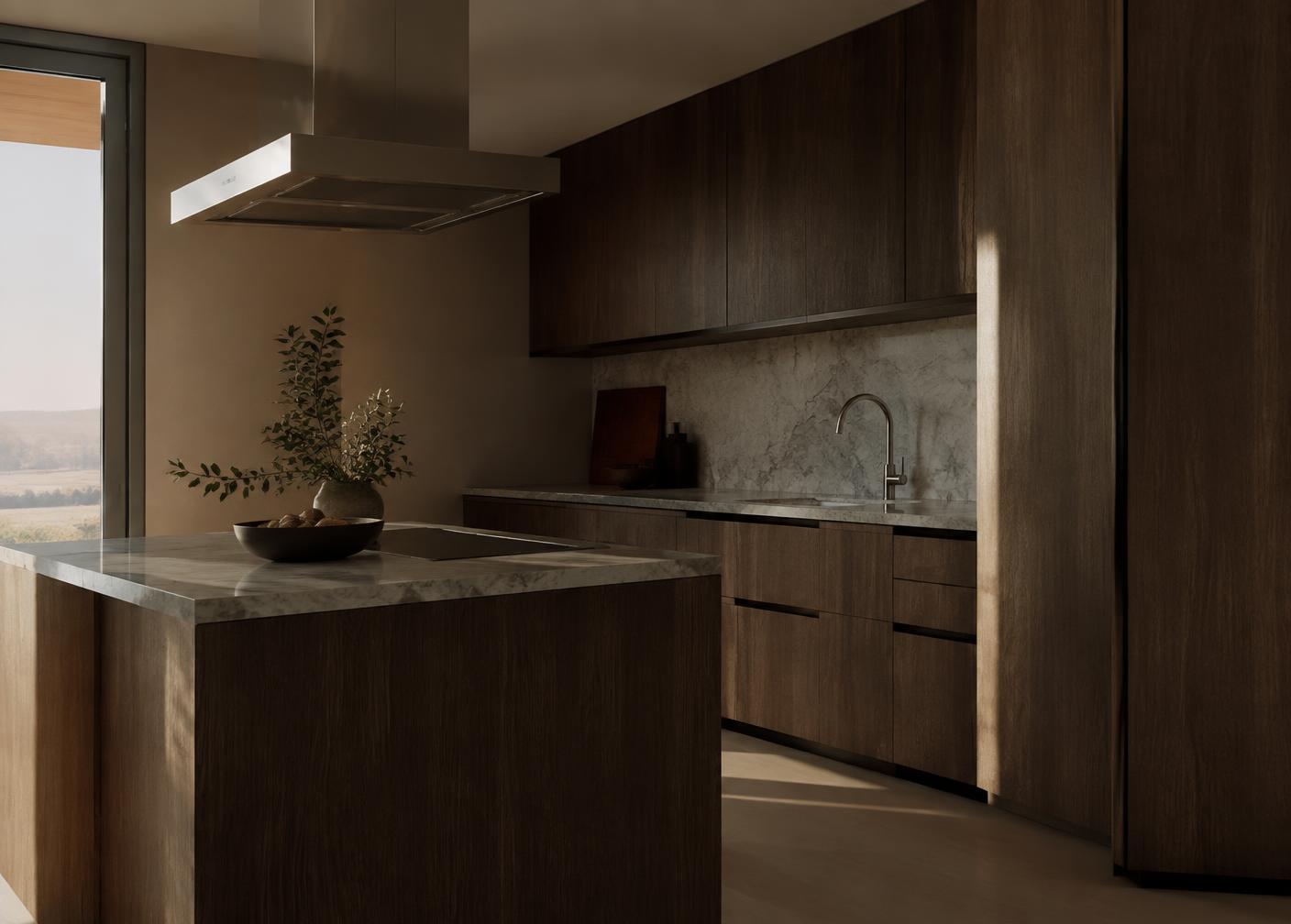 Cozinha contemporânea com coifa de ilha