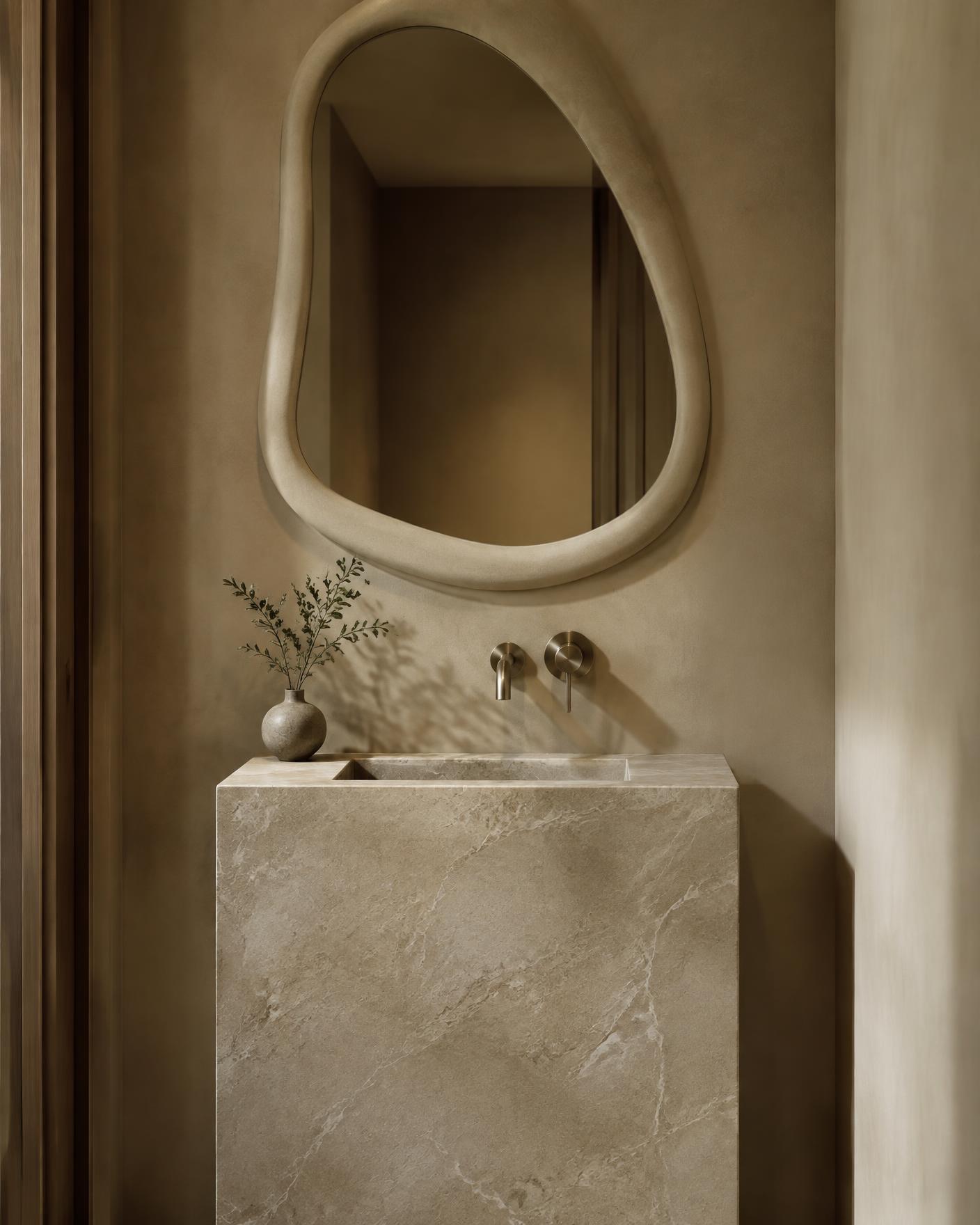 Lavabo com bancada monolítica em pedra